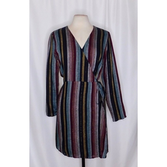 NWT!! RAILS Lola Varadero Stripe Wrap Dress Tie Waist Metallic Mini Medium - Picture 3 of 16